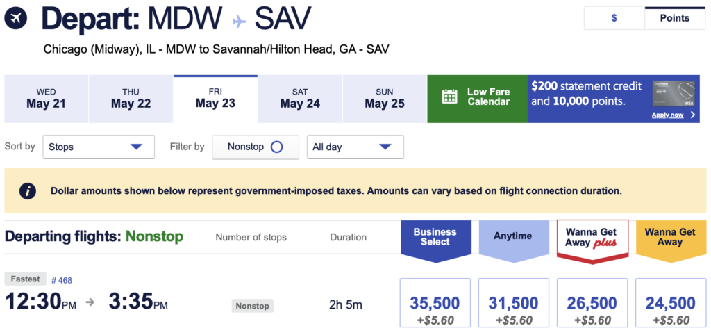 Chicago to Savannah on Southwest